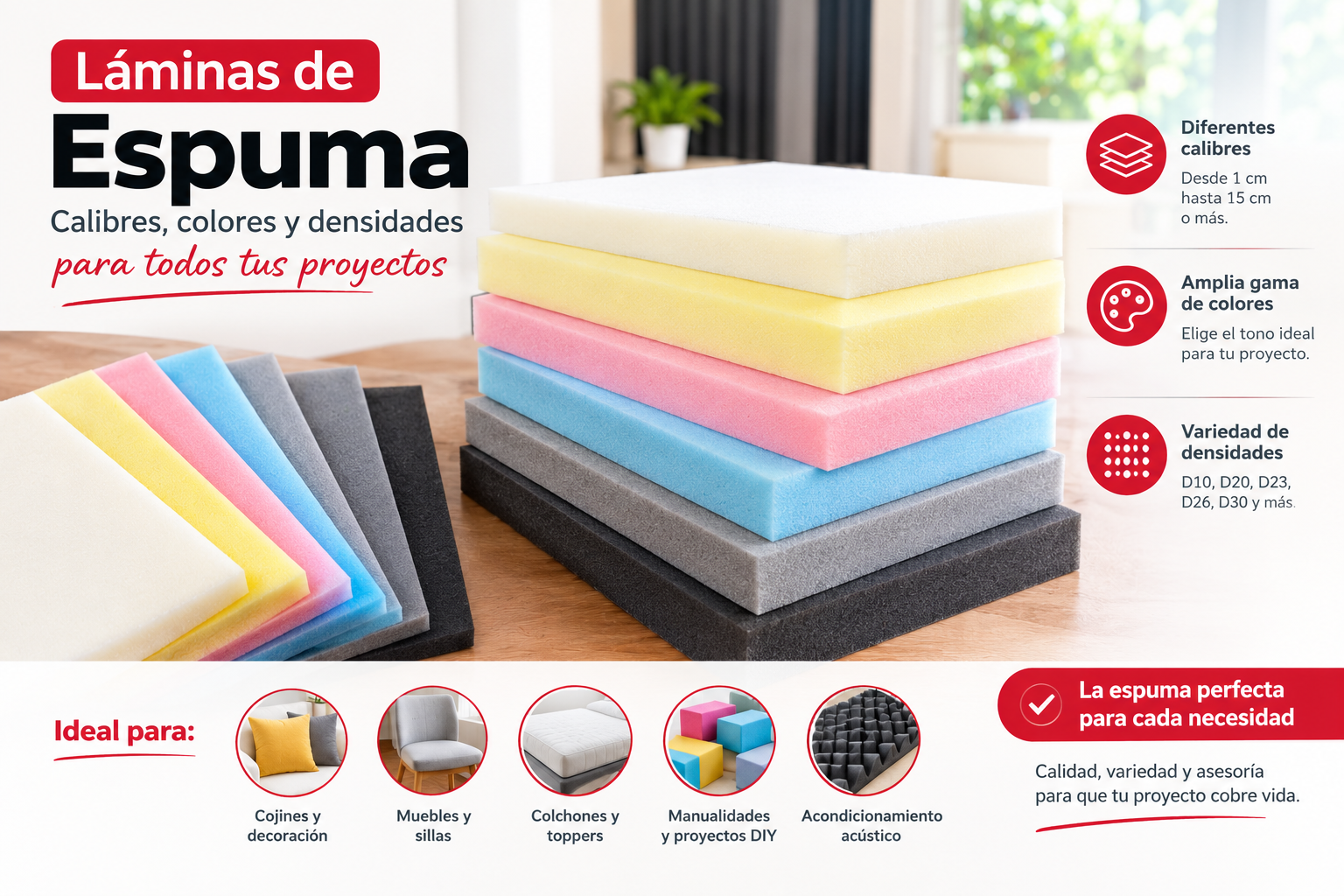 laminas de espuma de diferentes calibres y colores